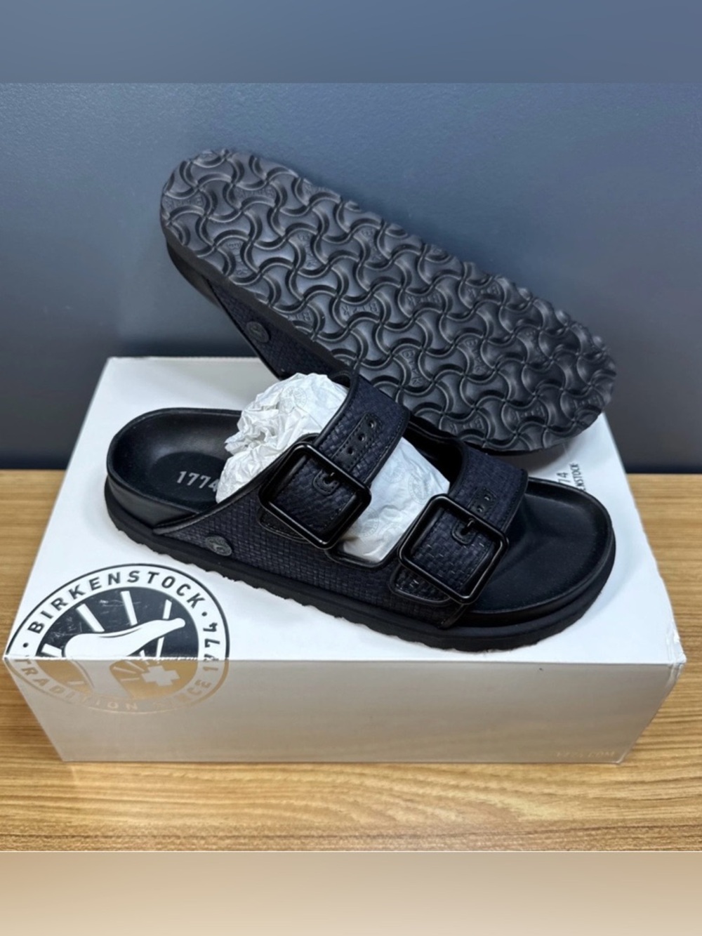 Birkenstock 1774 Arizona Raffia Dual Buckle Slide Sandals In Dark Navy/Black
